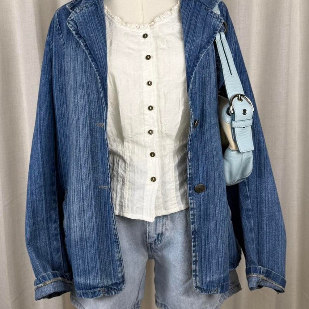 Vintage Kiyaz Blue Denim Jacket Boho Textured Blazer Wing Embroidery Size 42